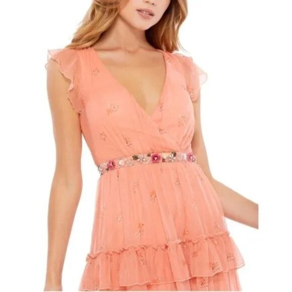 MAC DUGGAL 70115 Tiered Ruffle Chiffon Tea Length Dress in Apricot Size 4 New - Picture 2 of 7